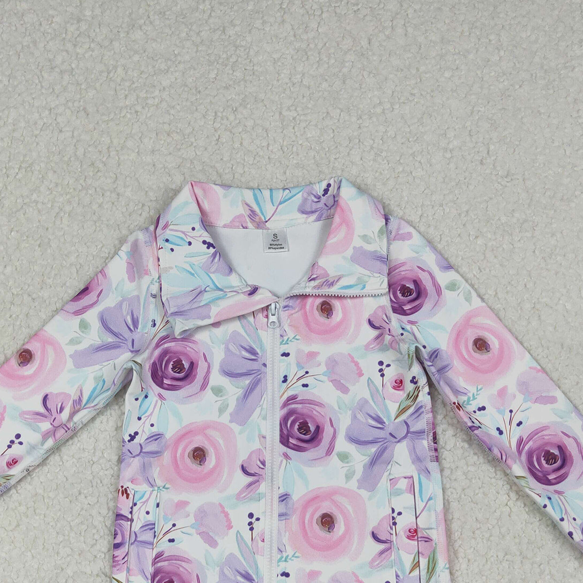 10.15 RTS NO MOQ (In stock)GT1083 Baby Girls Long Sleeve Tops Baby Girls Purple Floral Bows Zipper Pockets Yoga Active Jackets Top