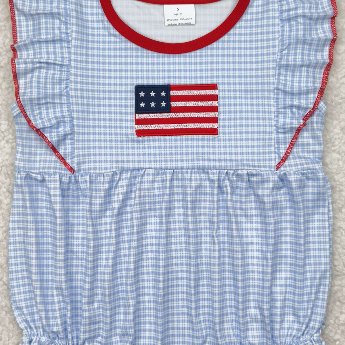 4.24 SR2817 RTS NO MOQ Baby Girls Summer Rompers Flutter sleeves plaid flag baby girls 4th of july romper