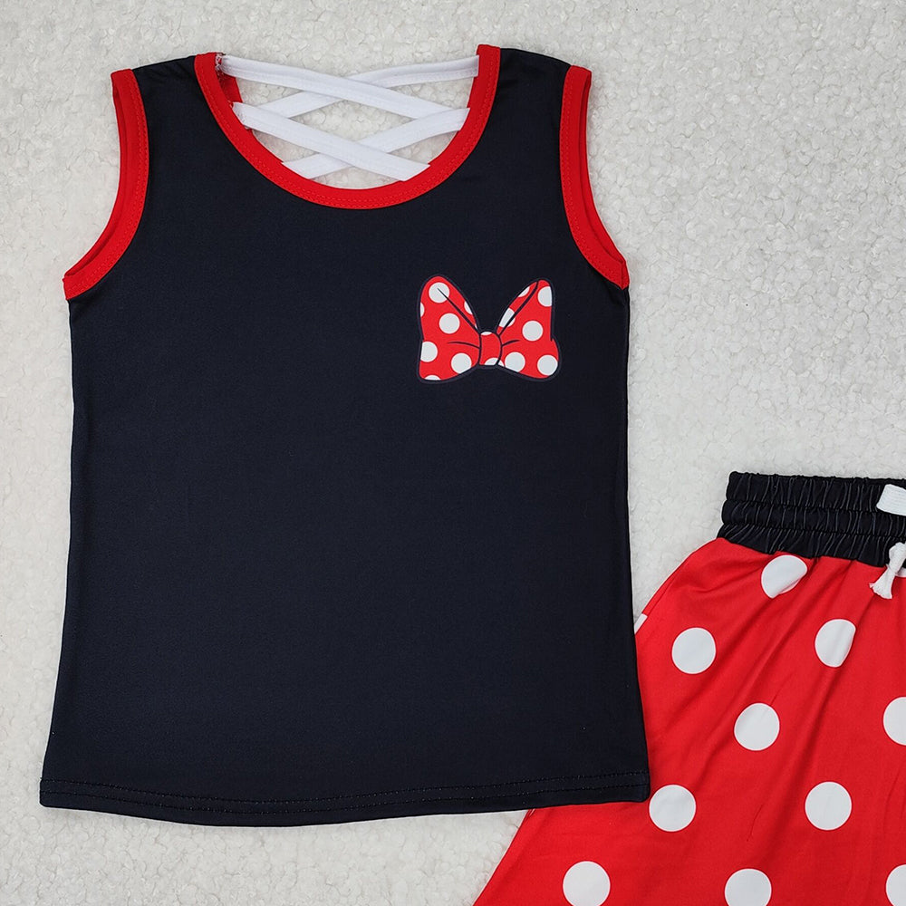 GSD2069RTS NO MOQ Baby Girls Skirt Sets Girls Black Polka Dot Sleeveless Bow Top Skirt Set Cute Casual Outfit for Kids