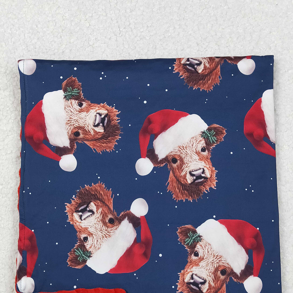 10.16 RTS NO MOQ (In stock)BL0088 Baby Kids Christmas Western Highland Cows Hats Minky Blankets