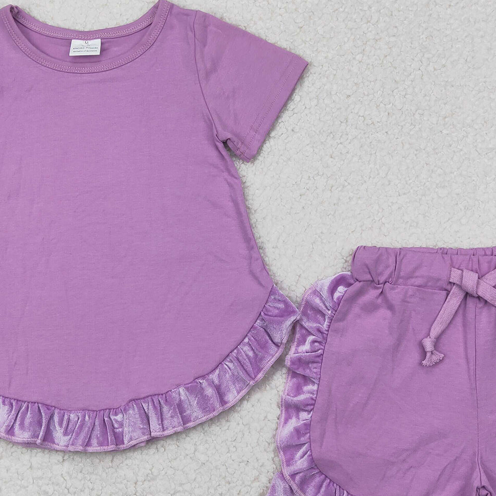 5.17 GSSO2184 RTS NO MOQ Baby Girls Summer Outfits Baby Girls Purple Short Sleeves Tunic Ruffle Short Set