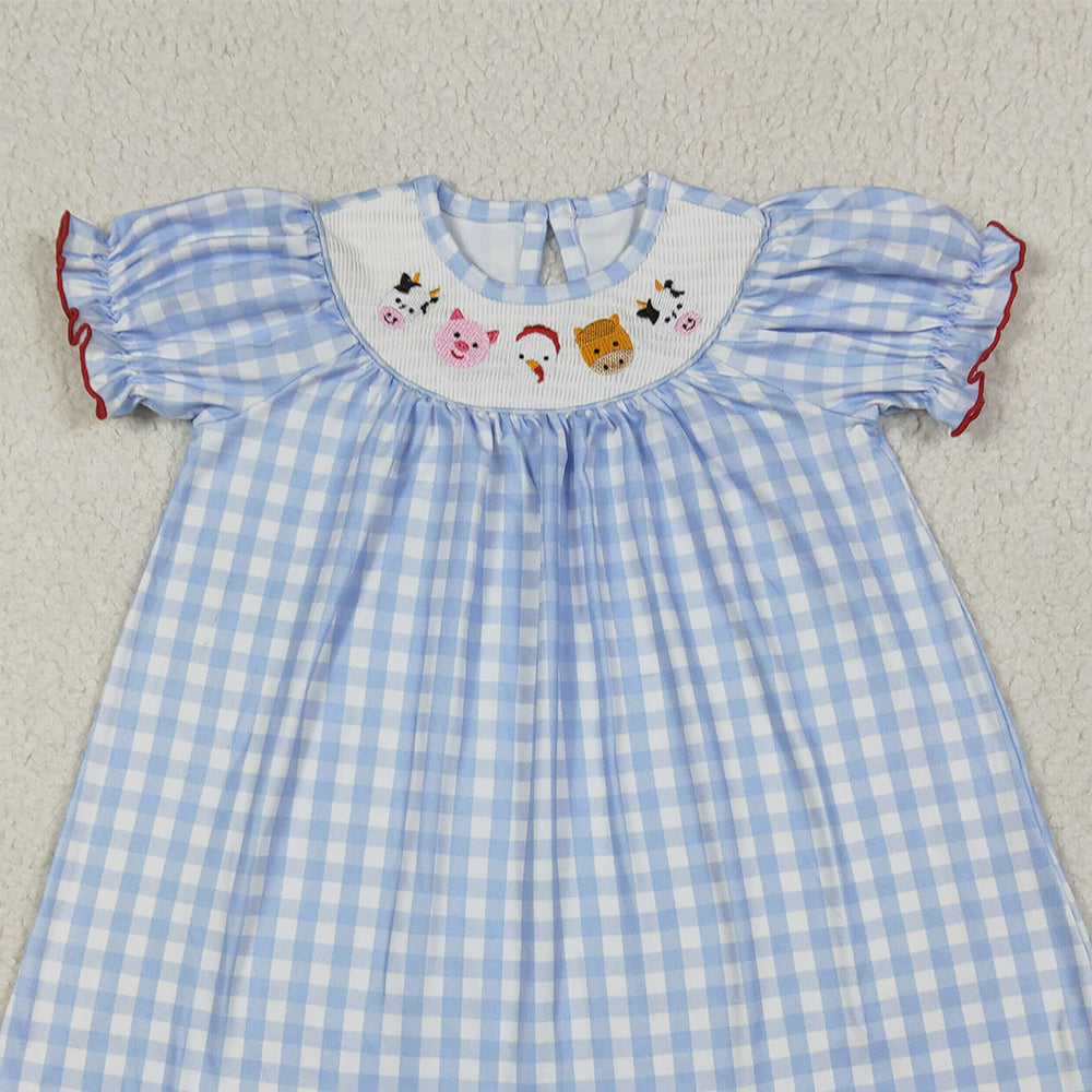 GSD2275 RTS NO MOQ Baby Girls Summer Dress Cow pig chicken blue plaid short sleeves girls dresses
