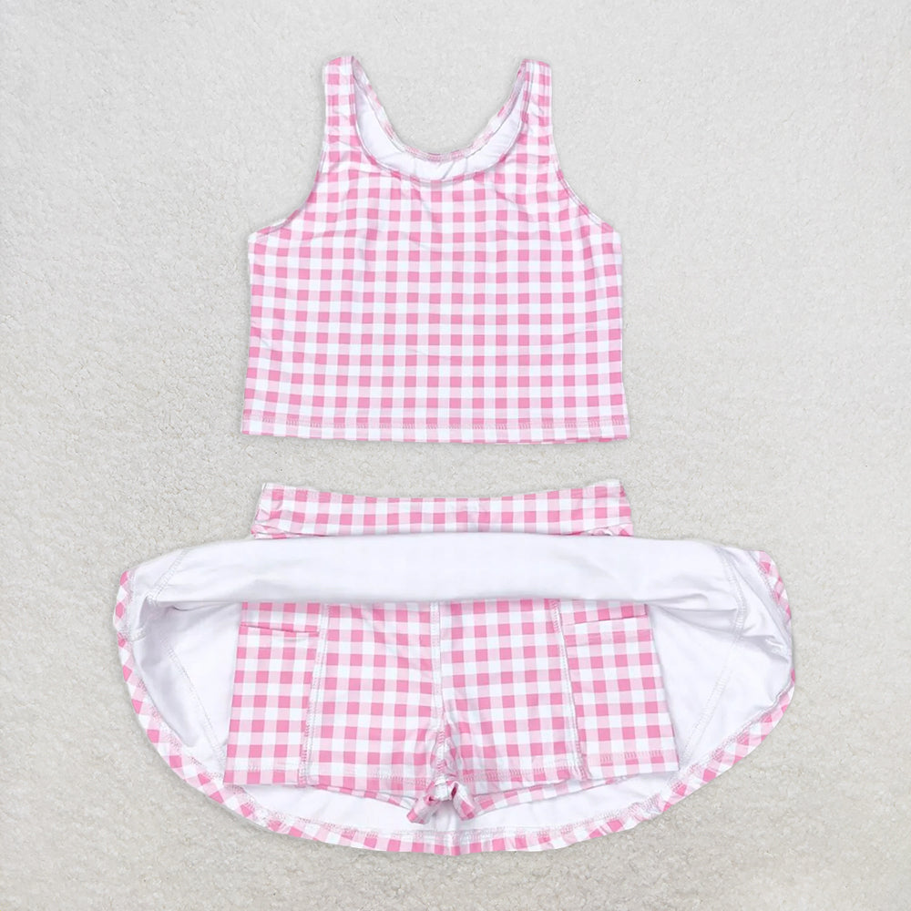 GSD0992 RTS NO MOQ Baby Girls Yoga Outfits Baby Girls Summer Pink Checkered Top Skirts Clothes Sets Preorder