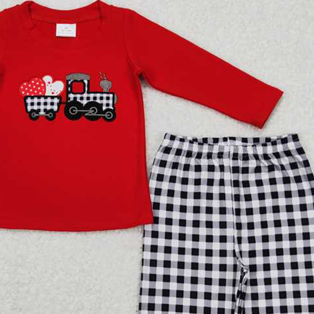 BLP0403Kids Boy Red Plaid Truck Heart Embroidery Outfit Valentine's Day Theme Clothing for Children