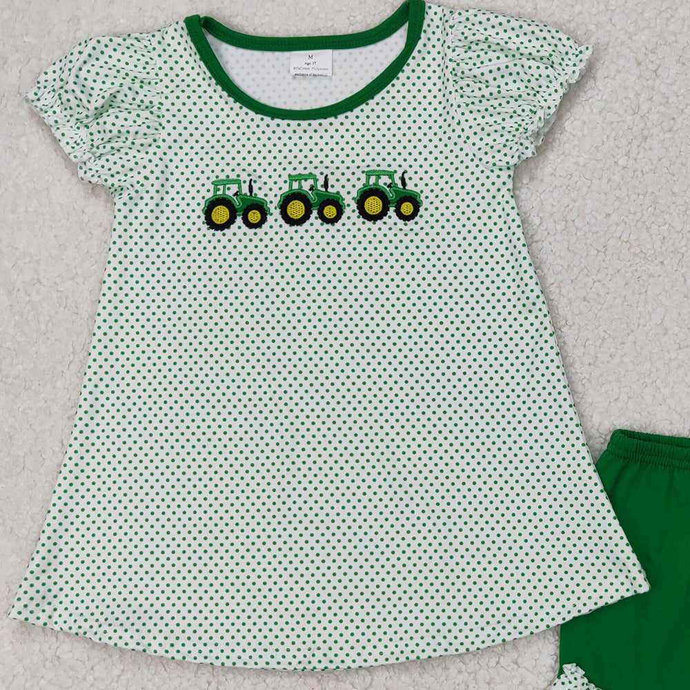 6.11 GSSO2268 RTS NO MOQ Baby Girls Summer Outfits Baby Girls Short Ruffle Sleeves Trucks Polka Dots Tunic Green Ruffle Short Set