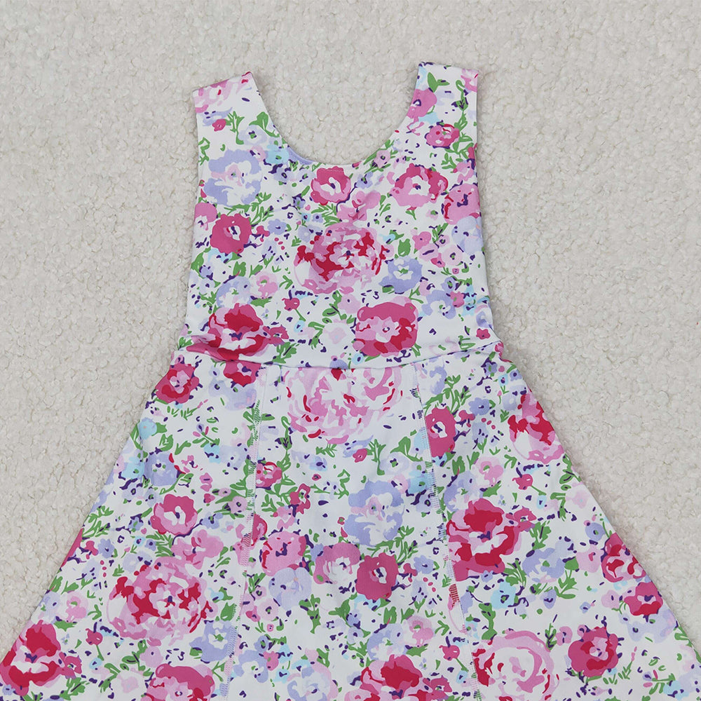 4.08 GSD1991 RTS NO MOQ Baby Girls Summer Dress Active Sleeveless Pink Floral Patchwork Yoga Dress