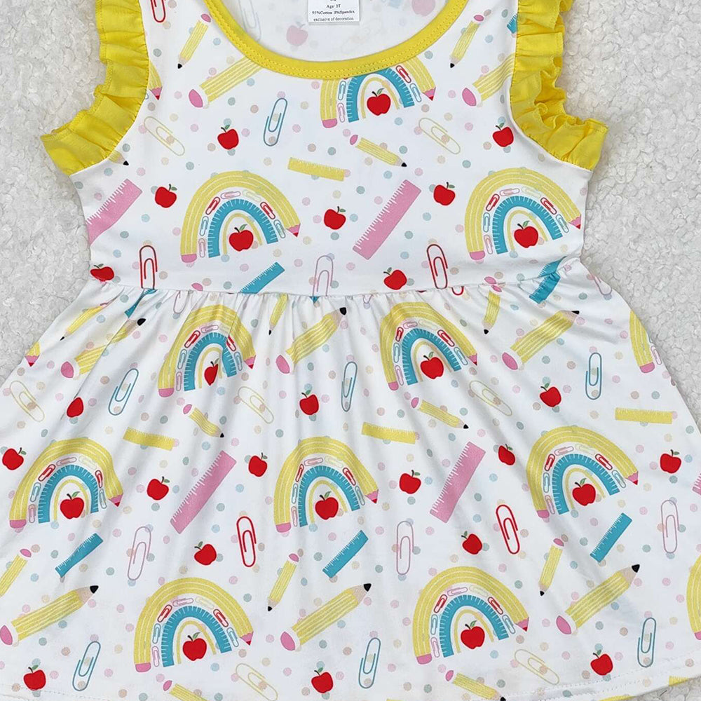 GSSO1913Girls Rainbow Pencil Skirt Outfit Yellow Apple Design Back to School Ensemble for Kids