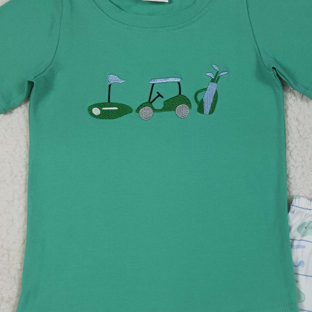 8.14 RTS NO MOQ (In stock) BSSO1540 Baby Boys Summer Boys Outfits Embroidery Baby Boys Green Short Sleeves Golf Truck Top Short Set