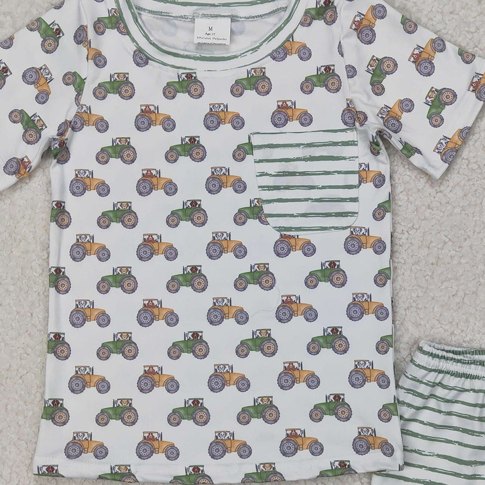 6.13 BSSO1354RTS NO MOQ Baby Boys Summer Boys Outfits Baby Boys Summer Boys Outfits Farm Trucks Pocket Shirt Top Tee Shorts Clothes Sets
