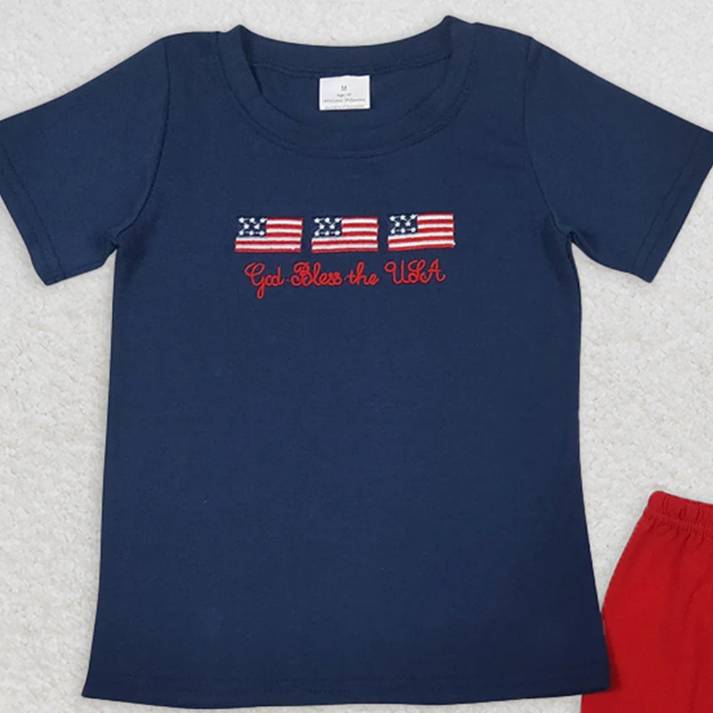 BSSO0713 RTS NO MOQ Baby Boys Summer Boys Outfits Embroidery Baby Boys 4th Of July Flags Shirt Top Red Shorts Outfits Clothes Sets