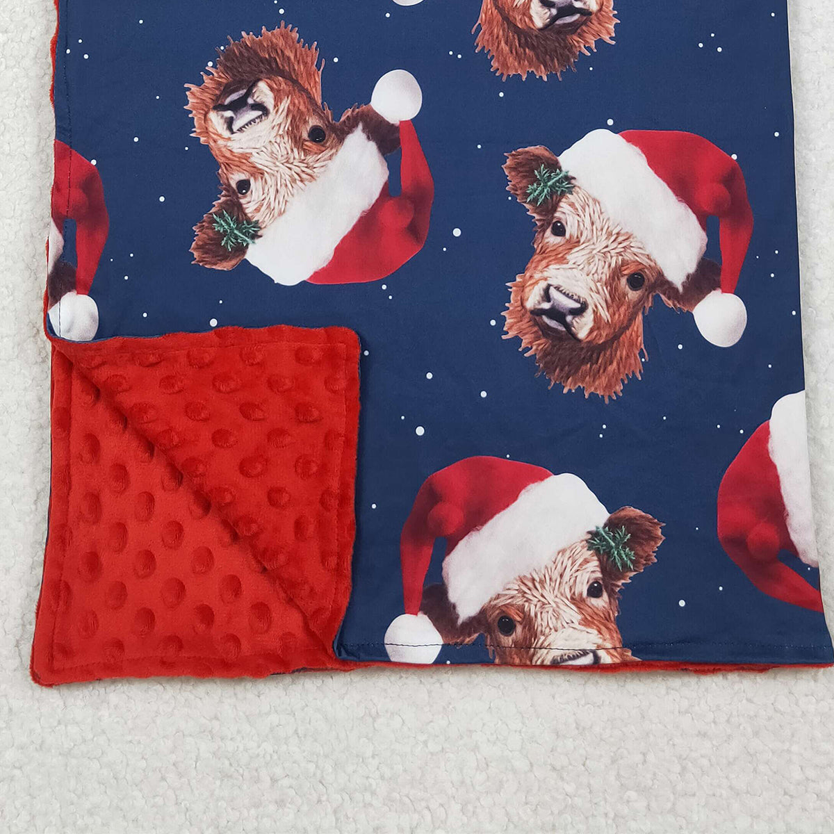 10.16 RTS NO MOQ (In stock)BL0088 Baby Kids Christmas Western Highland Cows Hats Minky Blankets