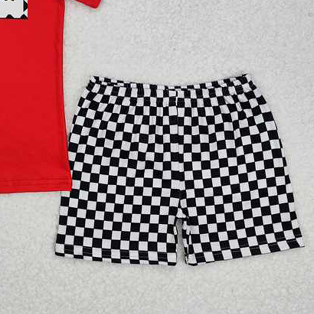 5.16 BSSO1079 RTS NO MOQ Red cars top black plaid shorts boys clothes