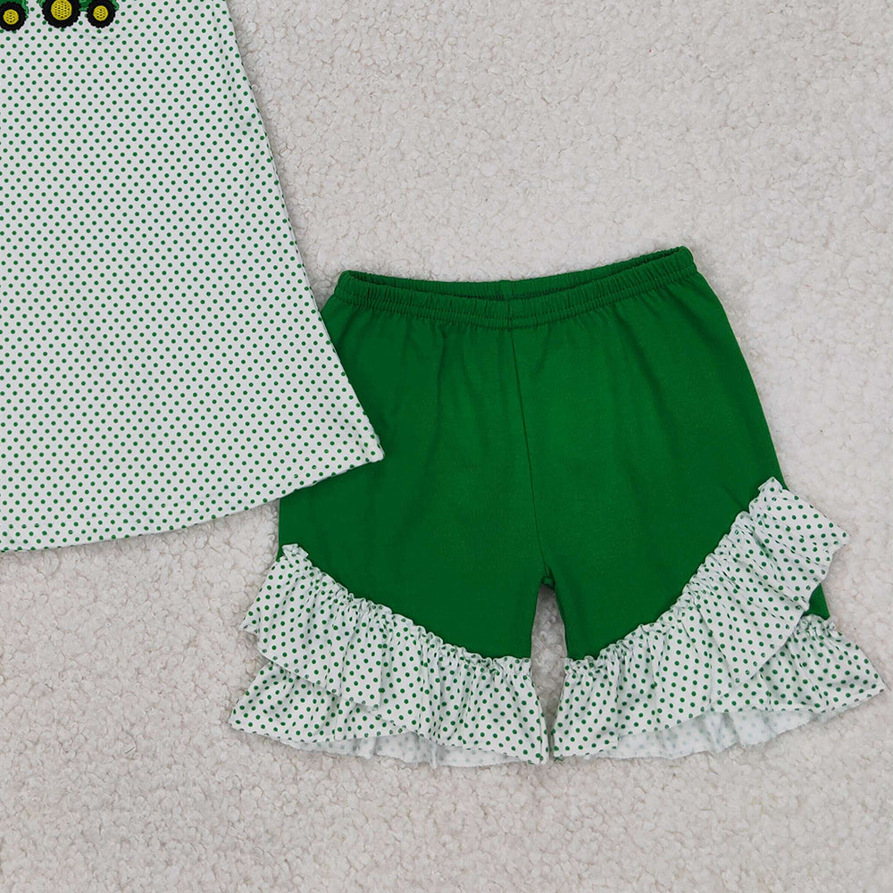 6.11 GSSO2268 RTS NO MOQ Baby Girls Summer Outfits Baby Girls Short Ruffle Sleeves Trucks Polka Dots Tunic Green Ruffle Short Set