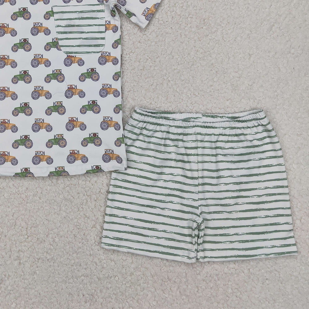 6.13 BSSO1354RTS NO MOQ Baby Boys Summer Boys Outfits Baby Boys Summer Boys Outfits Farm Trucks Pocket Shirt Top Tee Shorts Clothes Sets
