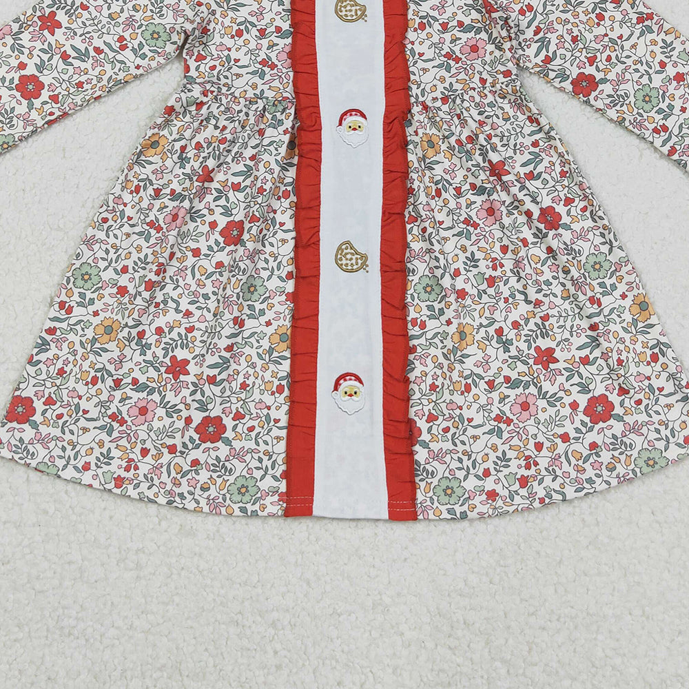 RTS NO MOQ (In stock)GLD1062 Baby Girls Winter Dress Floral Cookie Santa Girls Long Sleeve Christmas Dress Festive Holiday