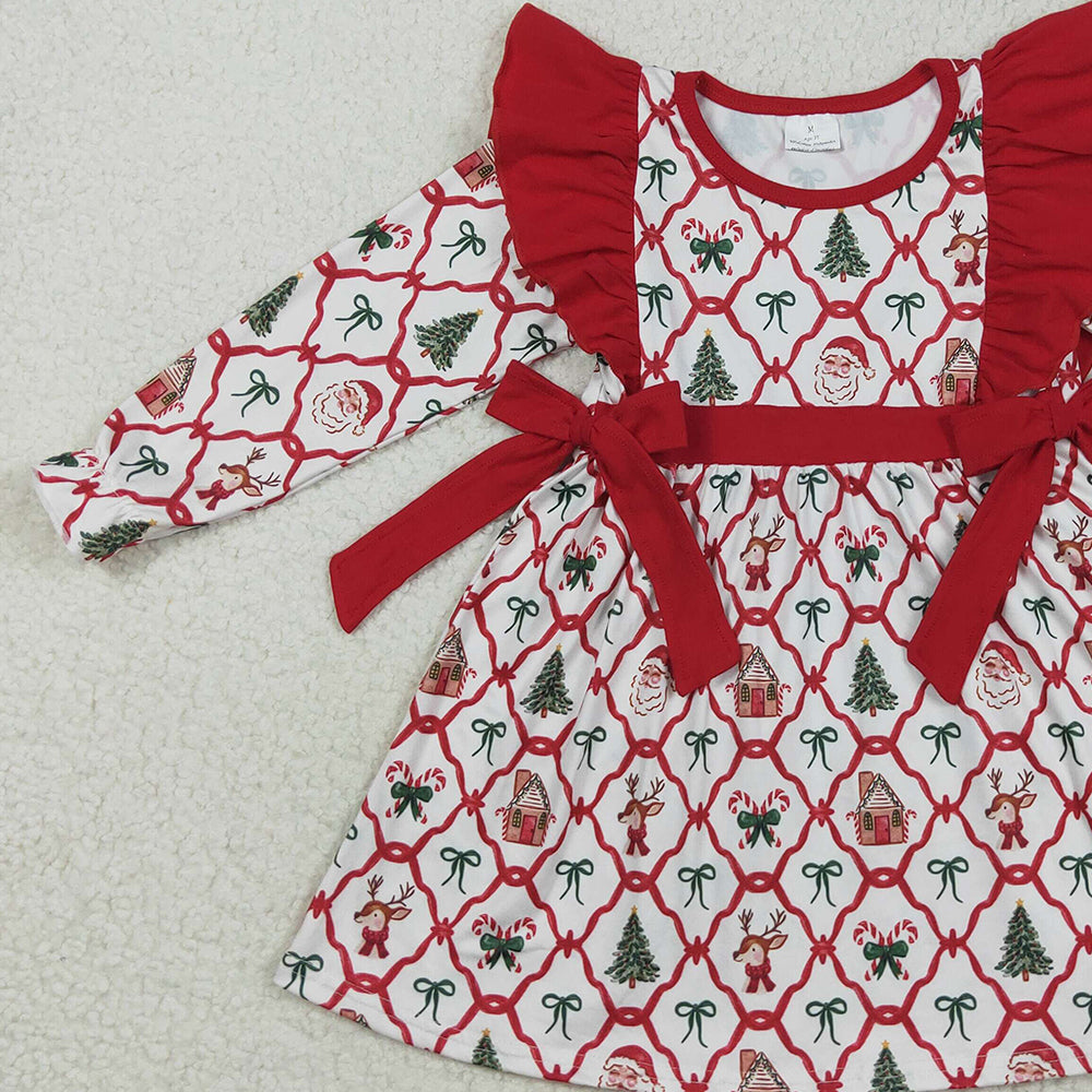 RTS NO MOQ (In stock)GLD1158 Baby Girls Winter Dress Baby Girls Christmas Deers Bows Trees Knee Length Dresses