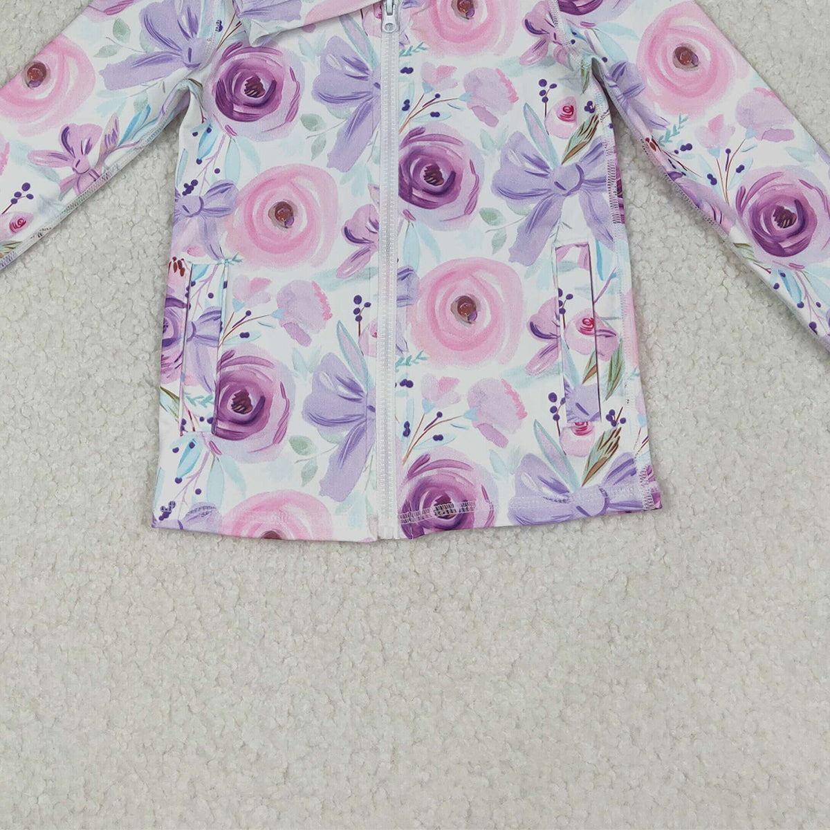 10.15 RTS NO MOQ (In stock)GT1083 Baby Girls Long Sleeve Tops Baby Girls Purple Floral Bows Zipper Pockets Yoga Active Jackets Top