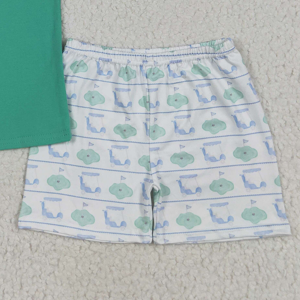 8.14 RTS NO MOQ (In stock) BSSO1540 Baby Boys Summer Boys Outfits Embroidery Baby Boys Green Short Sleeves Golf Truck Top Short Set