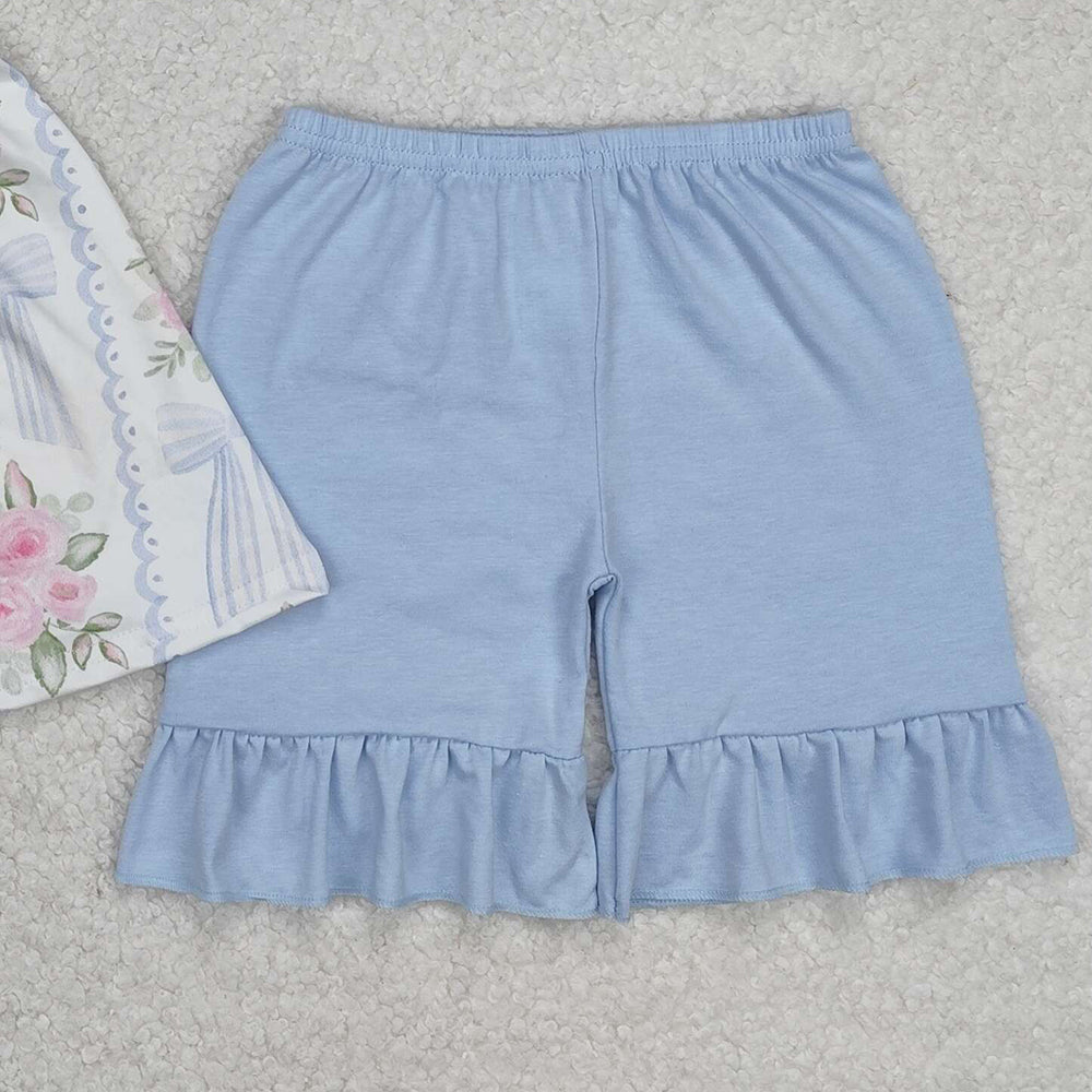 GSSO2052New Rts No Moq 8-9 Days By Air Arrived it Floral light blue bow tunic ruffle shorts girls clothes
