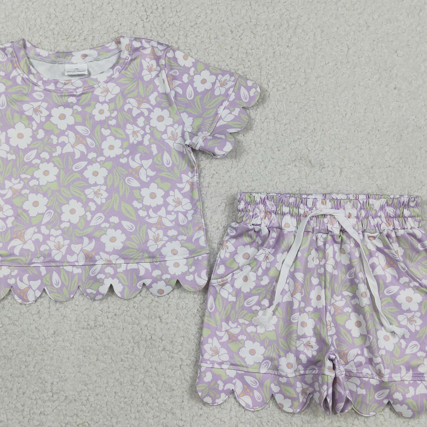 GSSO3265 RTS NO MOQ (In stock )Lavender white floral scallop girls summer clothes