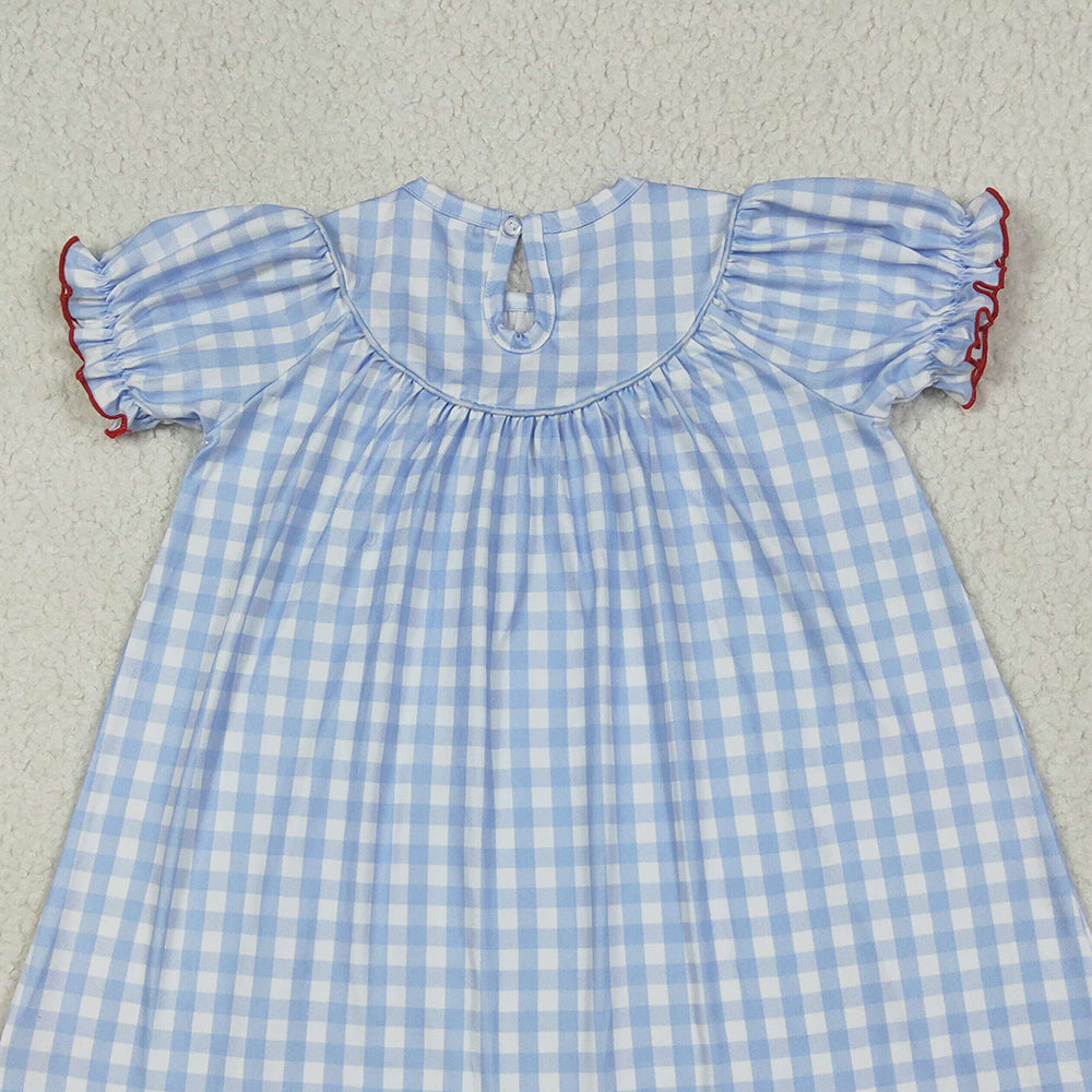 GSD2275 RTS NO MOQ Baby Girls Summer Dress Cow pig chicken blue plaid short sleeves girls dresses