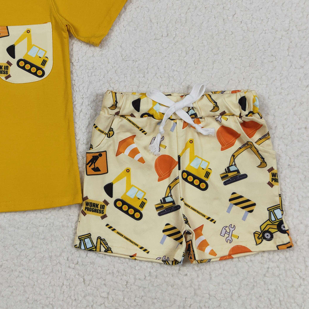 8.11 BSSO0529RTS NO MOQ Baby Boys Summer Boys Outfits Baby Boys Tractor Pocket Tee Shirts Shorts Clothes Sets