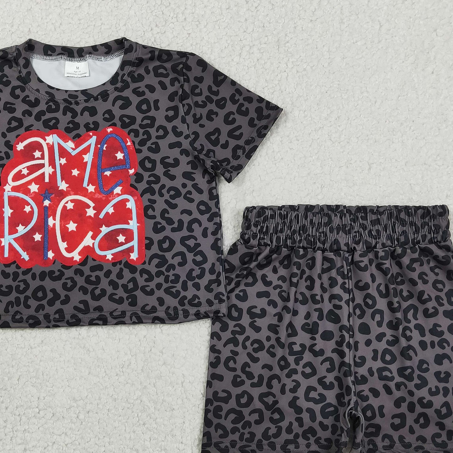 GSSO2576 RTS NO MOQ (In stock )Short sleeves black leopard America girls 4th of july set