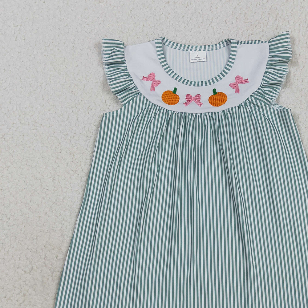 8.27 RTS NO MOQ (In stock)GSD2746 Baby Girls Summer Dress Embroidery Baby Girls Green Stripe Bows Pumpkins Fall Knee Length Dresses