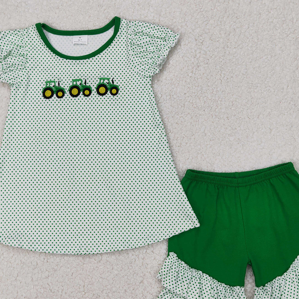 6.11 GSSO2268 RTS NO MOQ Baby Girls Summer Outfits Baby Girls Short Ruffle Sleeves Trucks Polka Dots Tunic Green Ruffle Short Set