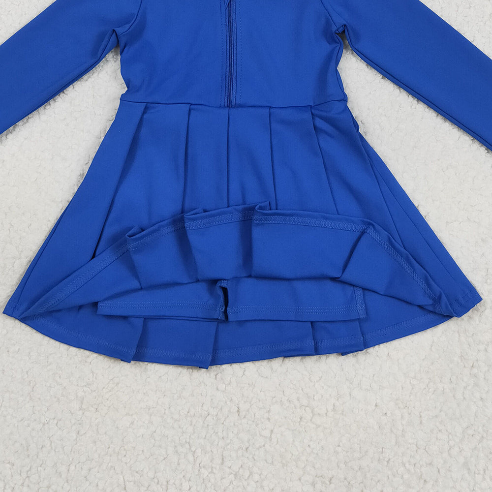 RTS NO MOQ (In stock)GLD1144 Baby Girls Yoga Dress Baby Girls Hot Blue Long Sleeves Zipper Knee Length Dresses