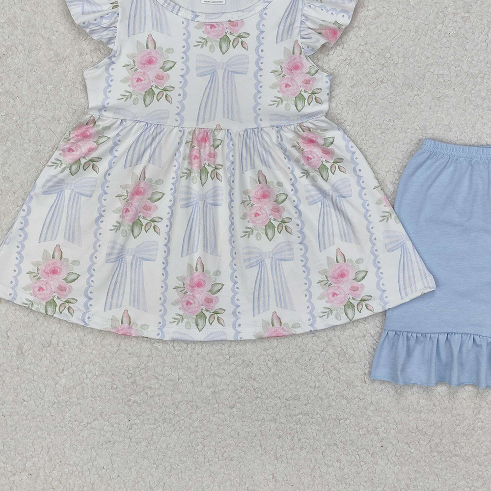GSSO2052New Rts No Moq 8-9 Days By Air Arrived it Floral light blue bow tunic ruffle shorts girls clothes