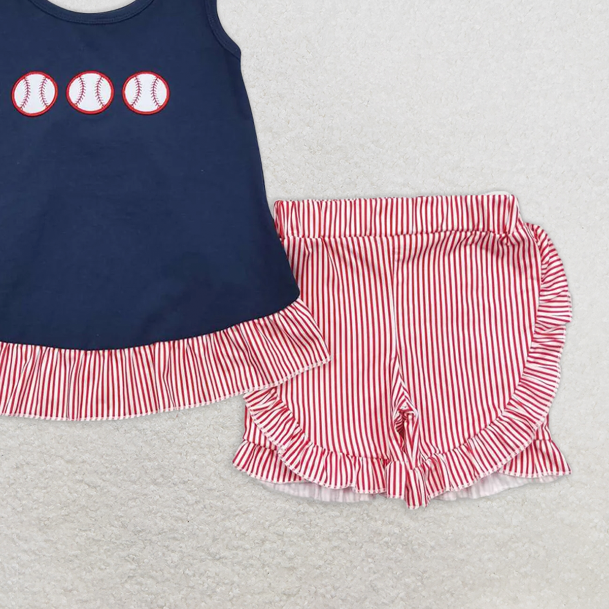 GSSO0405RTS NO MOQ Baby Girls Summer Outfits Sleeveless baseball tunic stripe shorts kids girls clothing