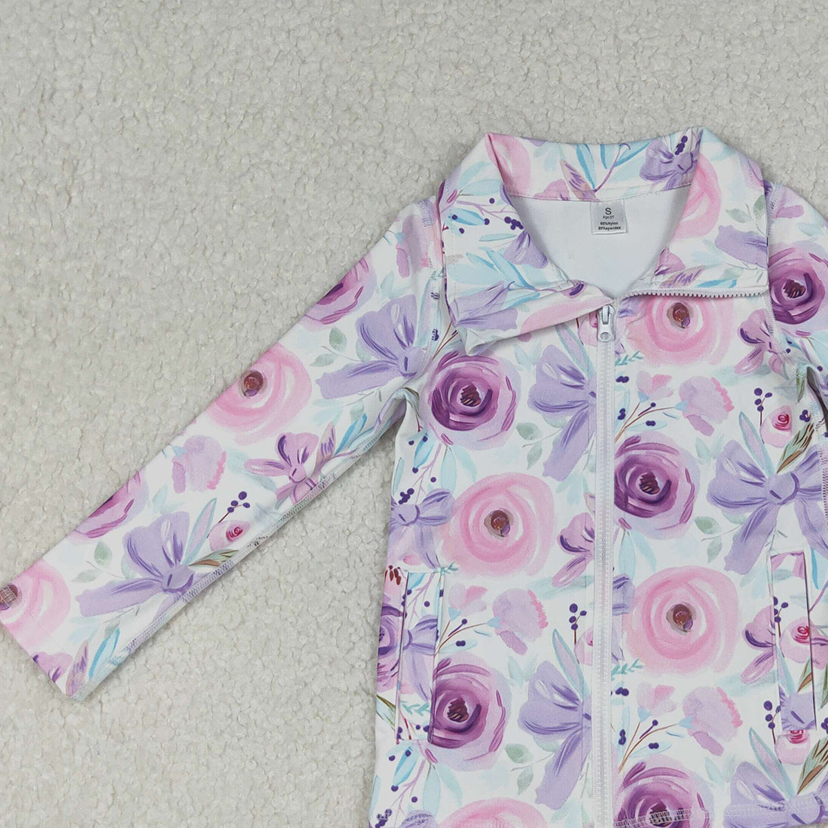 10.15 RTS NO MOQ (In stock)GT1083 Baby Girls Long Sleeve Tops Baby Girls Purple Floral Bows Zipper Pockets Yoga Active Jackets Top