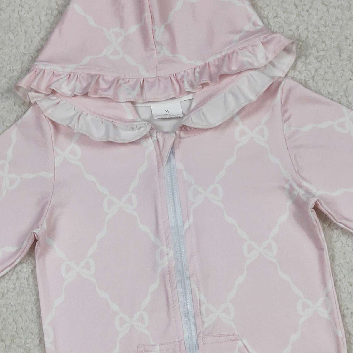 12.24 RTS NO MOQ (In stock)GT1246 Baby Girls Pink Bows Checked Pocket Zip Ruffle Hoodies Jackets Top