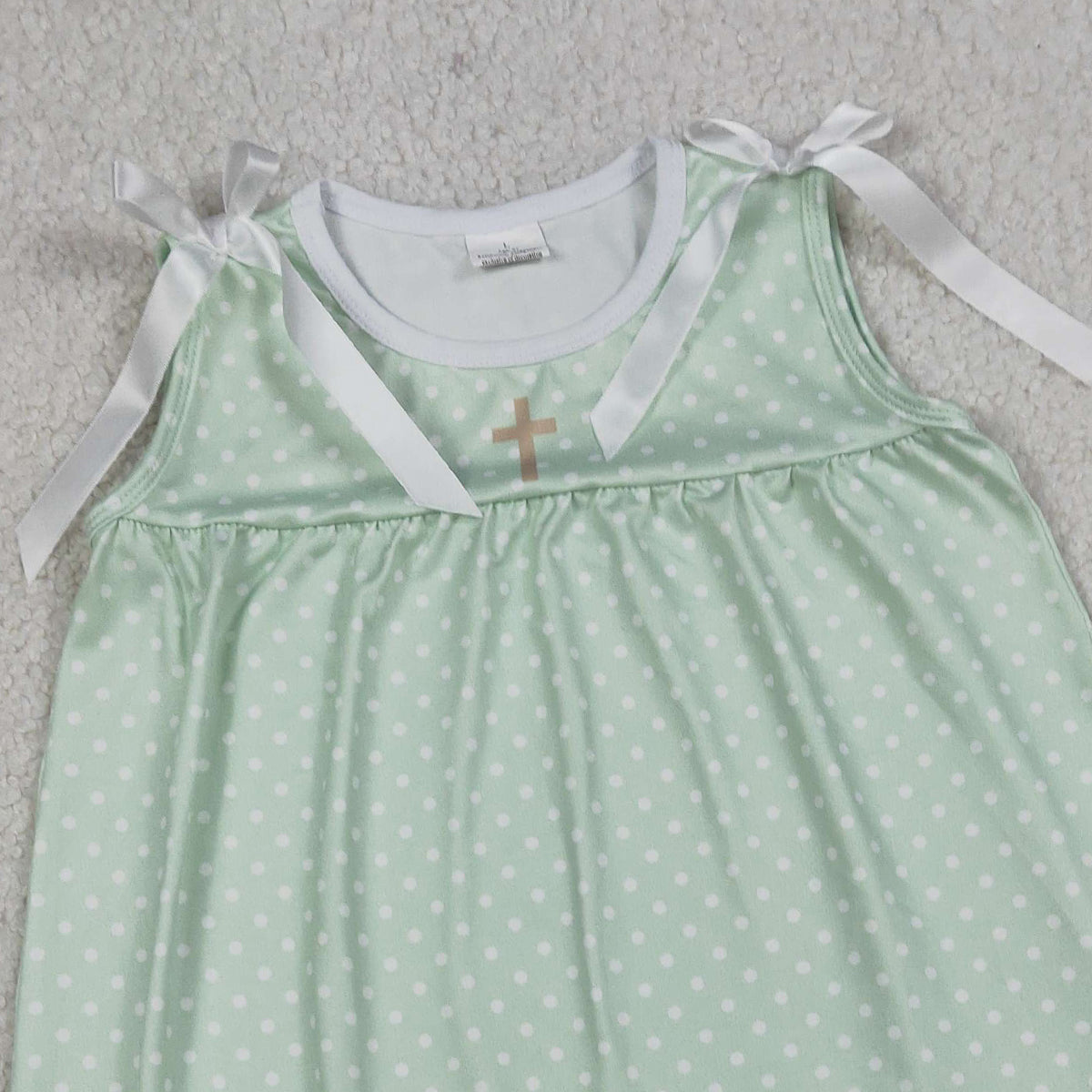 3.21 RTS NO MOQ (In stock)GSD2860 Kids Fashion Clothes Baby Girls Sleeveless Green Polka Dots Cross Easter Ruffle Knee Length Dresses
