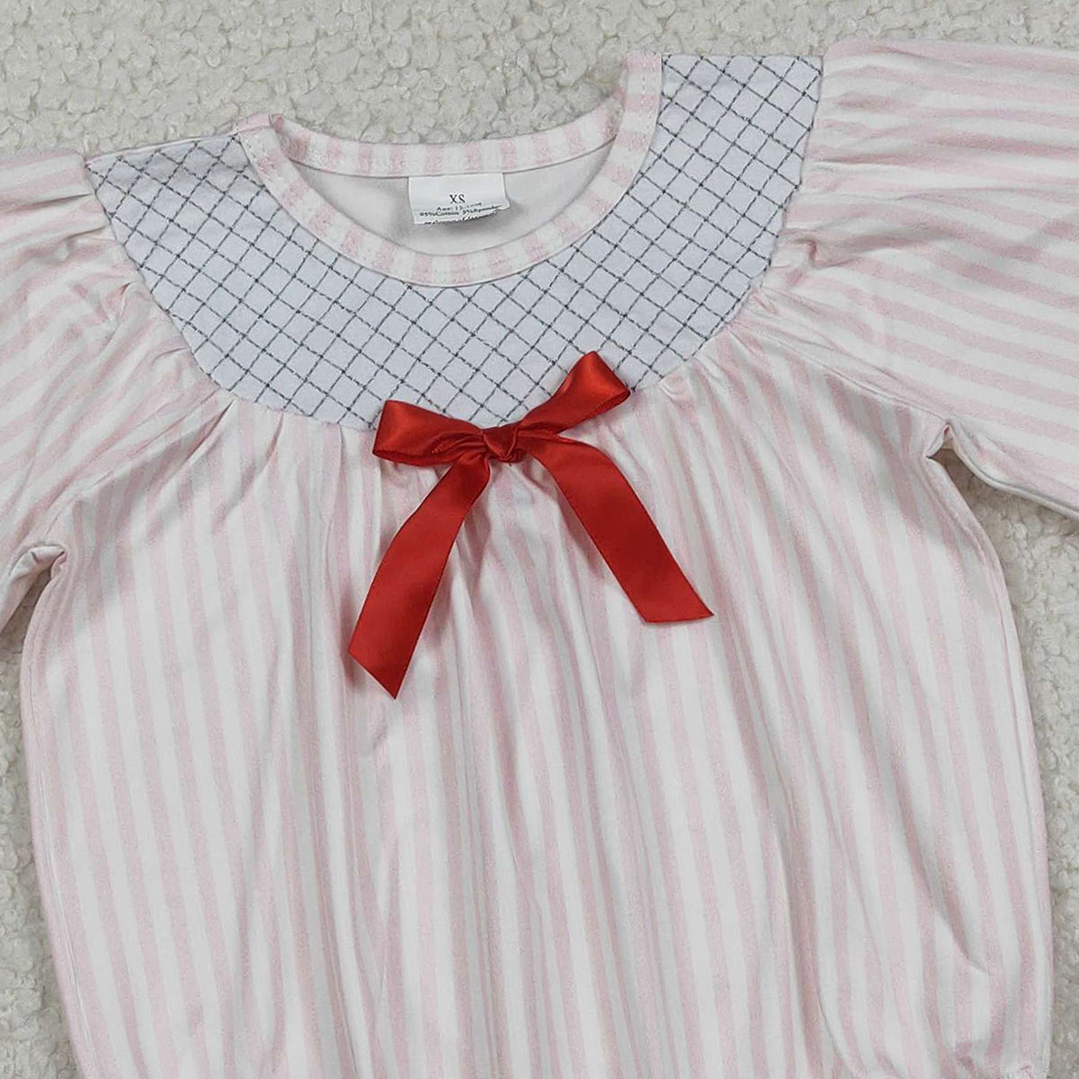 12.29 RTS NO MOQ (In stock)LR2773 Baby Girls Winter Rompers Embroidery Checked Baby Girls Pink Stripe Bows Ruffle Rompers