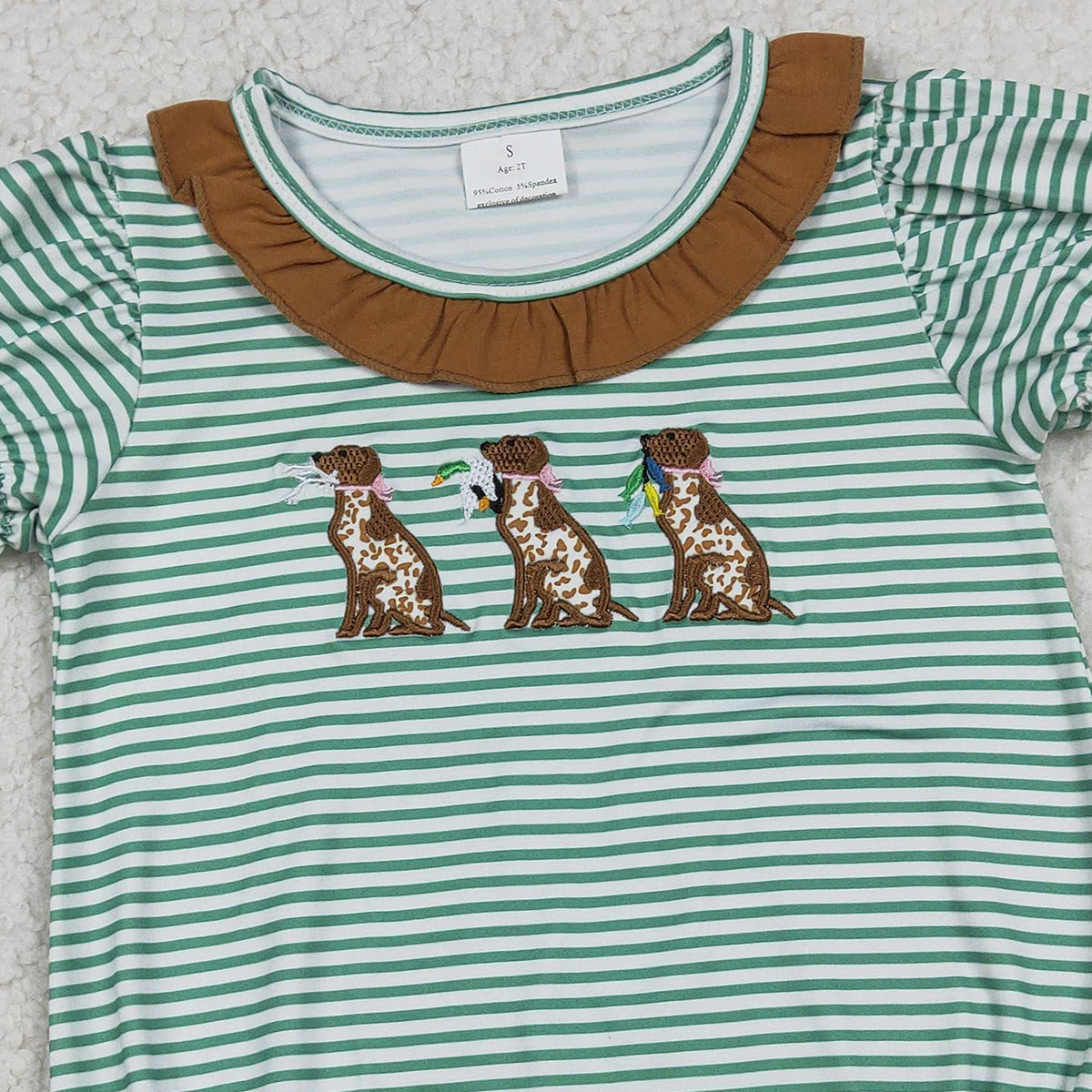 12.22 RTS NO MOQ (In stock)SR3404 Embroidery Ducks Dogs Baby Girls Stripe Collar Hunting Ruffle Rompers