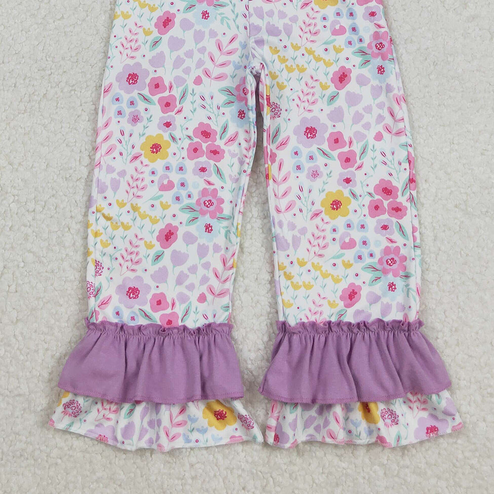 RTS NO MOQ (In stock)SR3177 Baby Girls Summer Jumpsuits Embroidery Baby Girls Lavender Strap Ghost Pumpkins Floral Ruffle Pant Jumpsuits