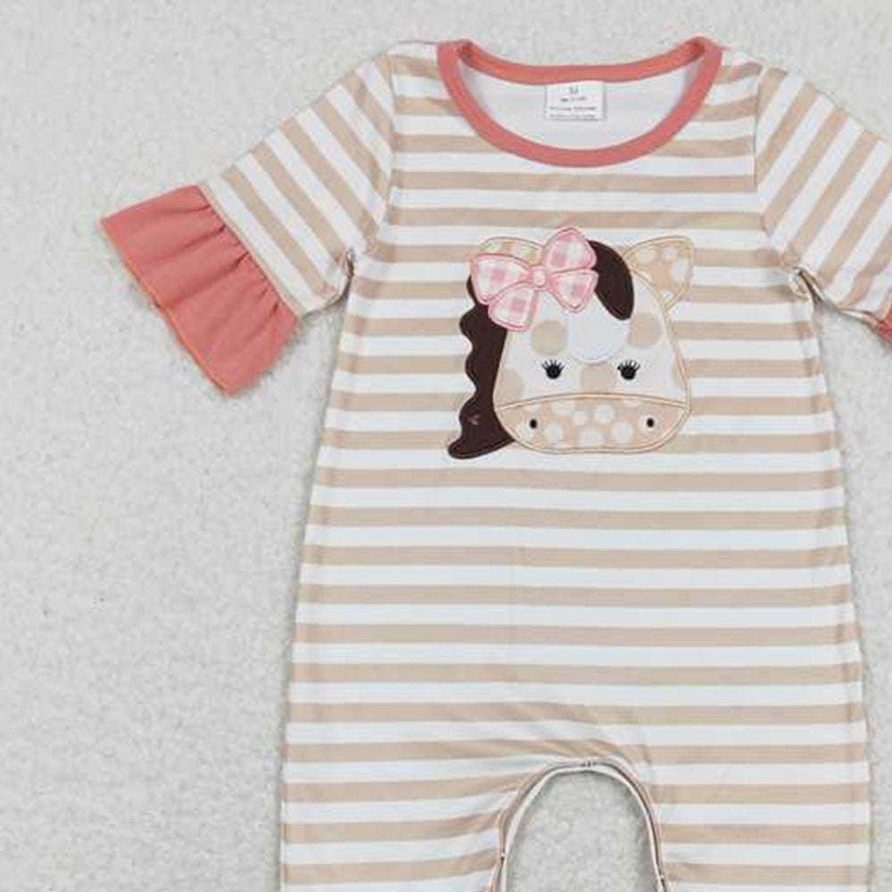 4.18 SR0674 RTS NO MOQ Ruffle khaki stripe cows baby girls summer romper