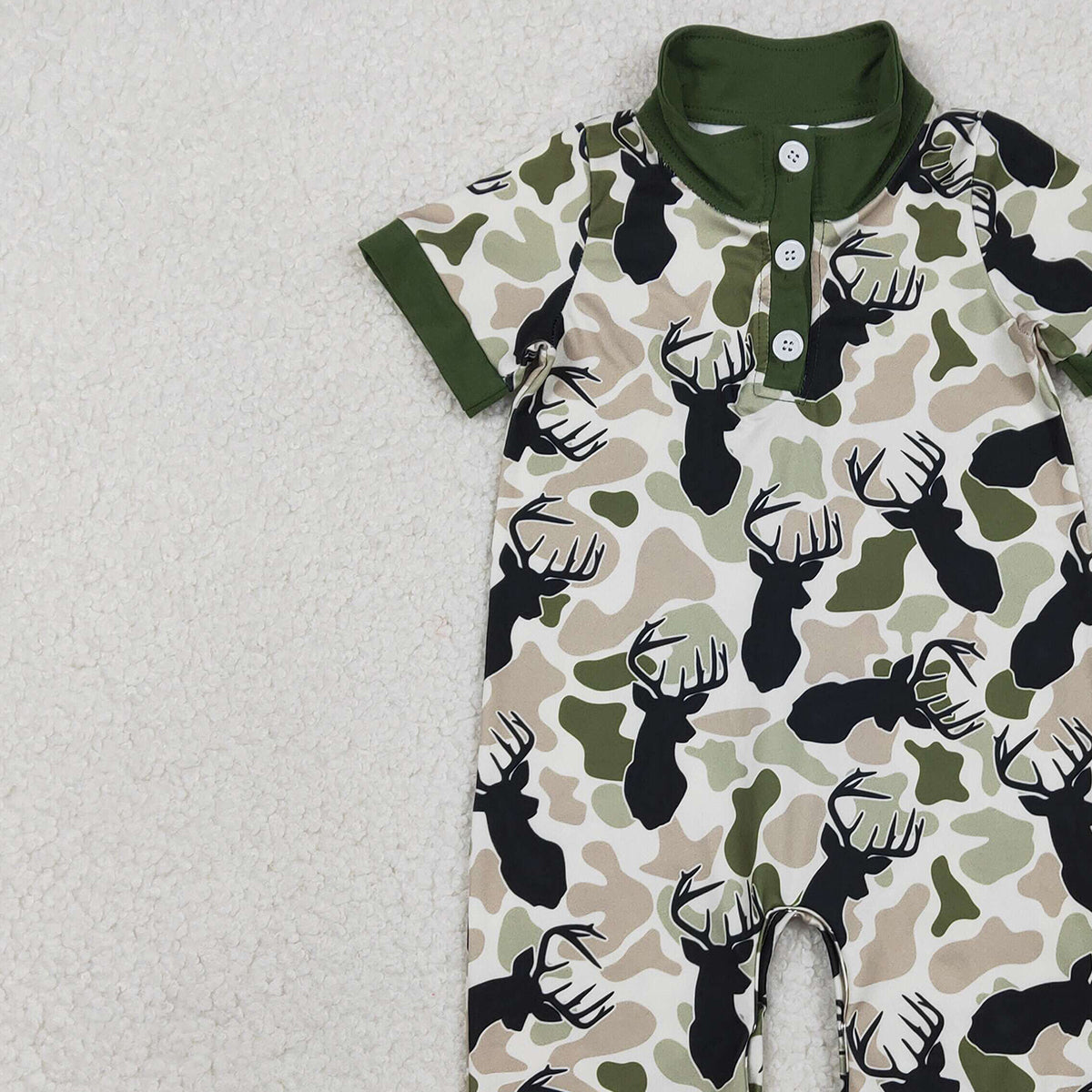 1.6 RTS NO MOQ (In stock)SR3636 Baby Boys Rompers Baby Boys Green Deer Camo Button Southern Hunting Rompers