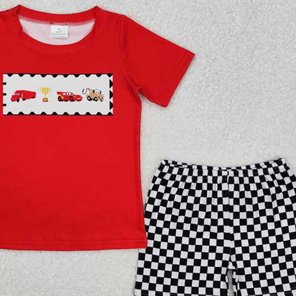 5.16 BSSO1079 RTS NO MOQ Red cars top black plaid shorts boys clothes