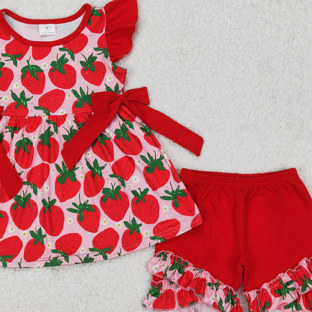GSSO2023 RTS NO MOQ Flutter sleeves strawberry tunic red shorts girls clothes