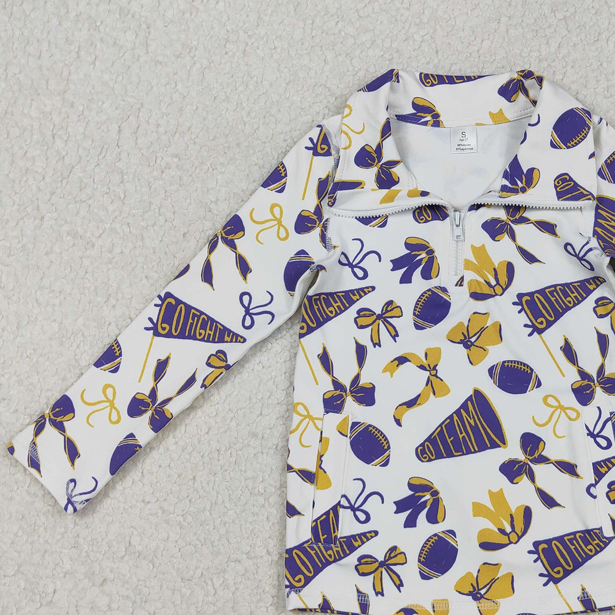 11.11 RTS NO MOQ (In stock)GT1226 Baby Girls Purple Yellow Bows Footballs Go Team Yoga Active Zipper Pockets Pullovers Top