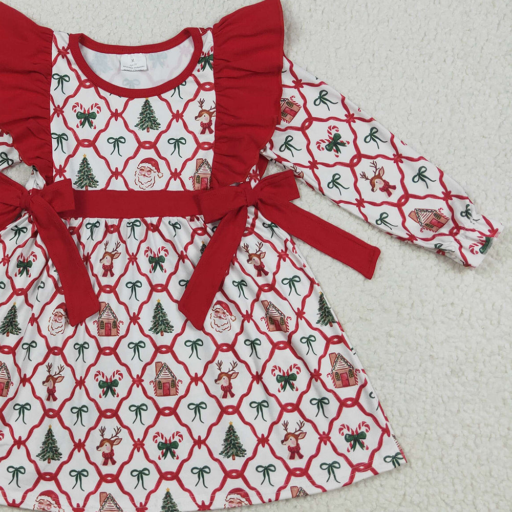 RTS NO MOQ (In stock)GLD1158 Baby Girls Winter Dress Baby Girls Christmas Deers Bows Trees Knee Length Dresses
