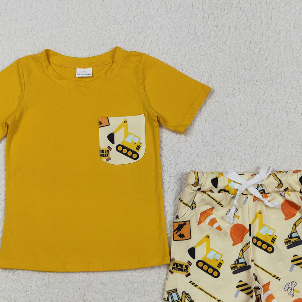 8.11 BSSO0529RTS NO MOQ Baby Boys Summer Boys Outfits Baby Boys Tractor Pocket Tee Shirts Shorts Clothes Sets