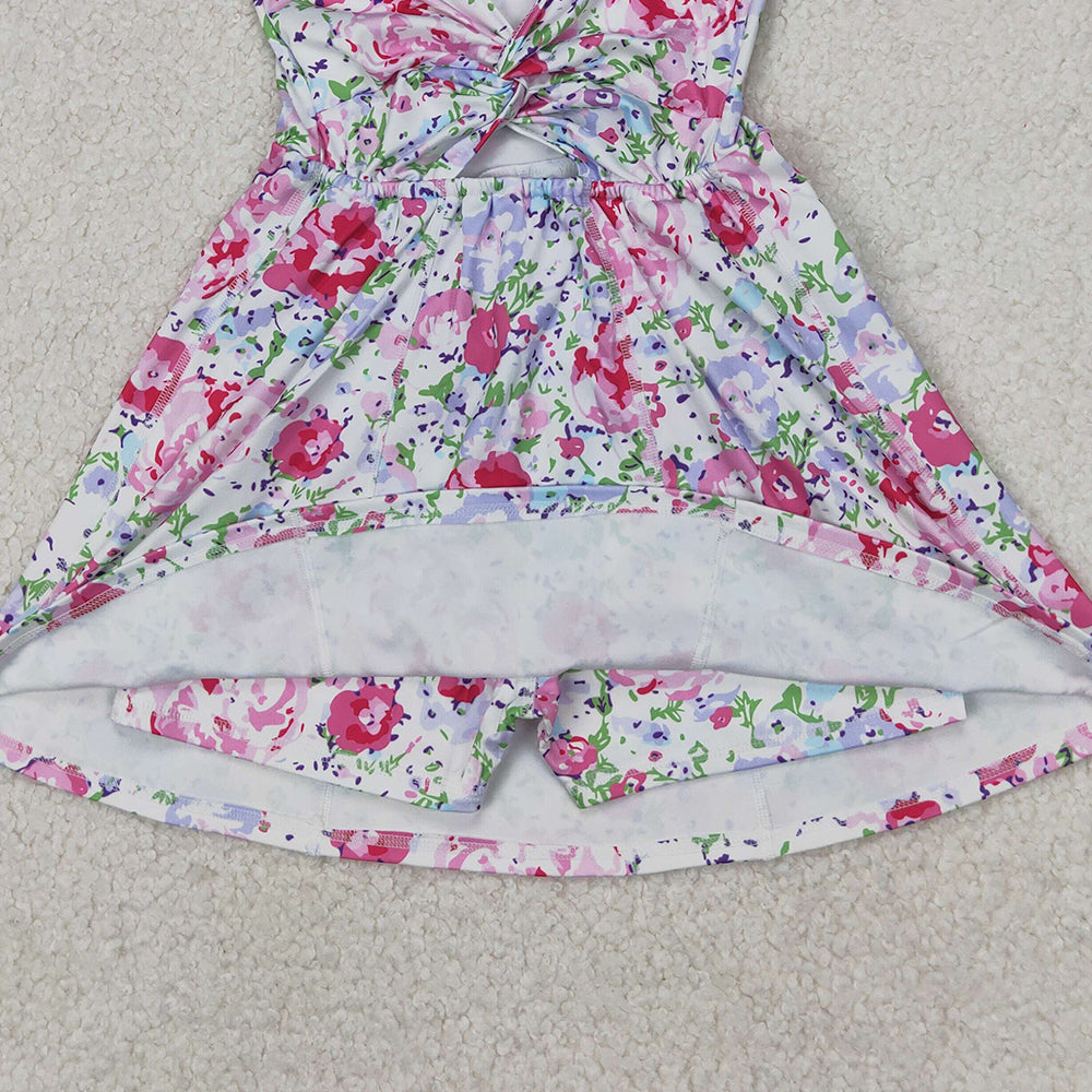 4.08 GSD1991 RTS NO MOQ Baby Girls Summer Dress Active Sleeveless Pink Floral Patchwork Yoga Dress