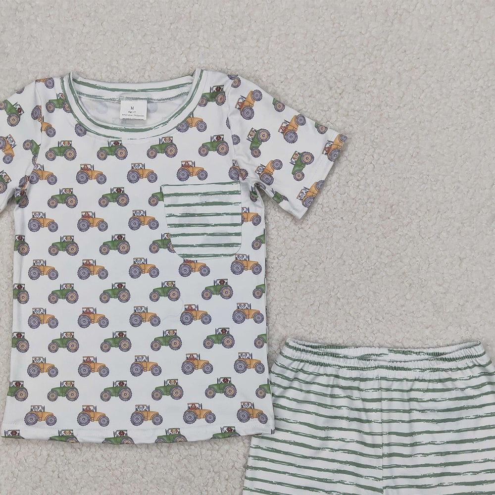 6.13 BSSO1354RTS NO MOQ Baby Boys Summer Boys Outfits Baby Boys Summer Boys Outfits Farm Trucks Pocket Shirt Top Tee Shorts Clothes Sets
