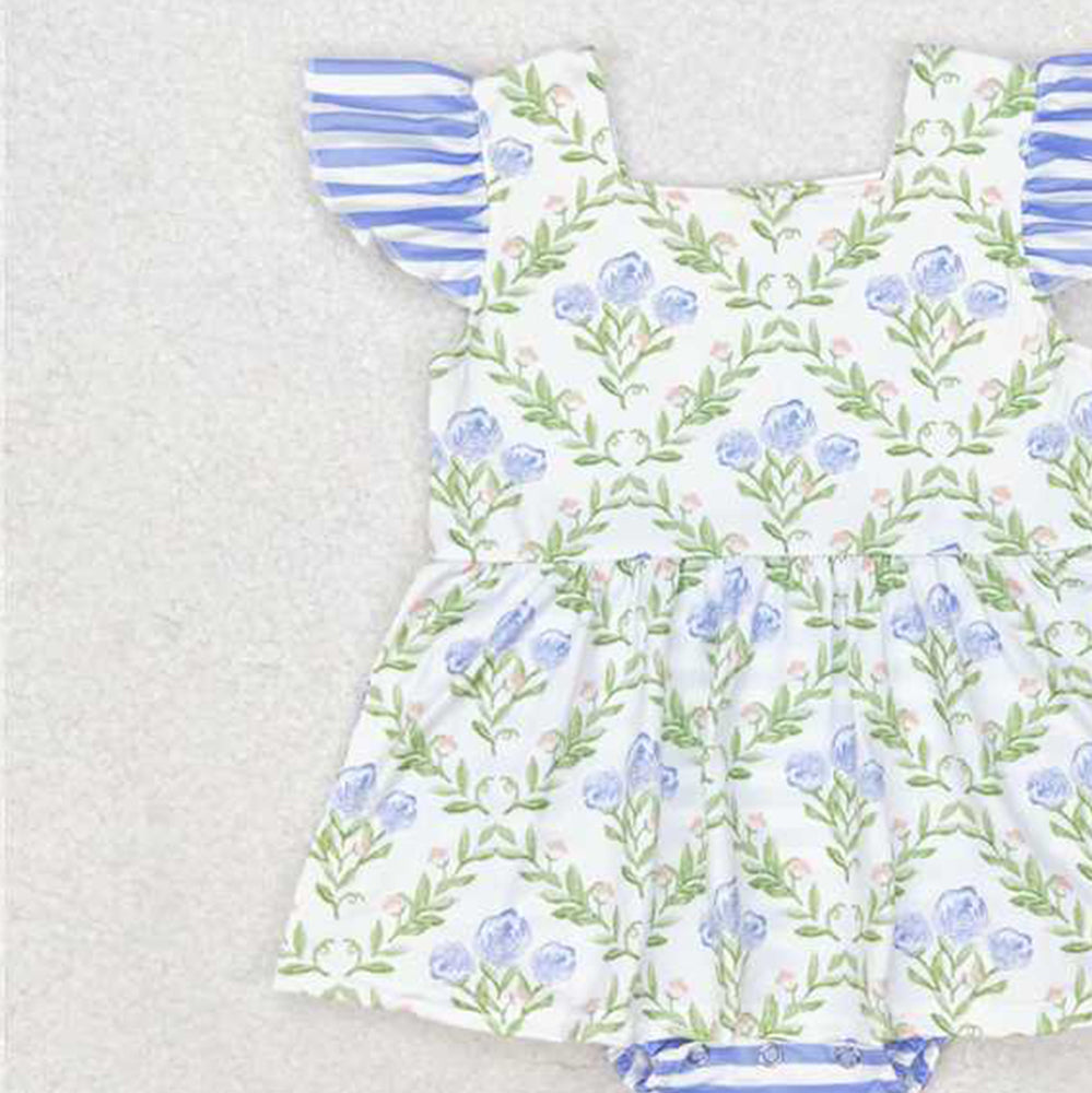 4.07 SR1371 RTS NO MOQ Baby Girls Summer Rompers Flutter sleeves floral stripe baby girls romper
