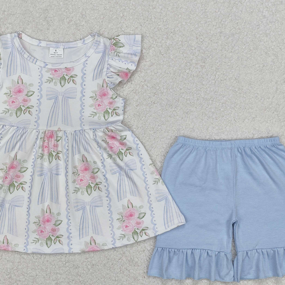 GSSO2052New Rts No Moq 8-9 Days By Air Arrived it Floral light blue bow tunic ruffle shorts girls clothes