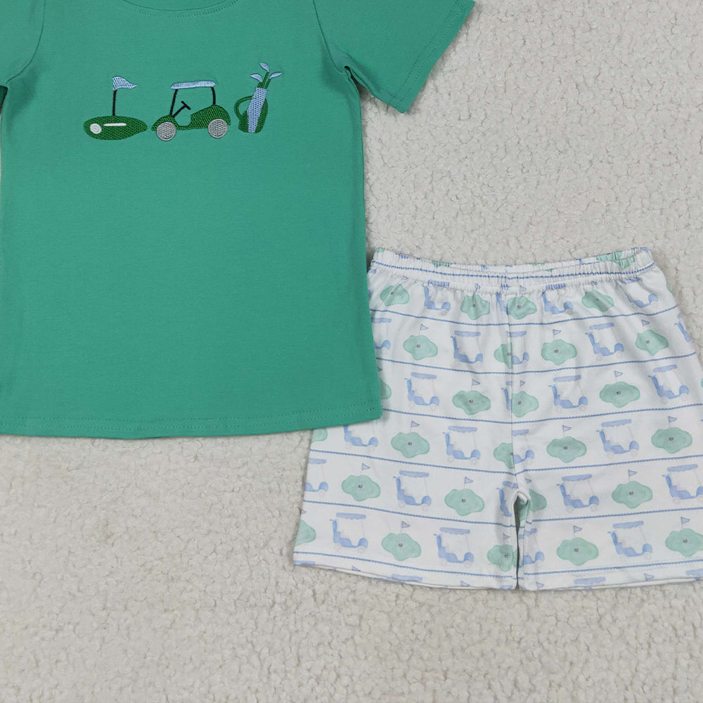 8.14 RTS NO MOQ (In stock) BSSO1540 Baby Boys Summer Boys Outfits Embroidery Baby Boys Green Short Sleeves Golf Truck Top Short Set